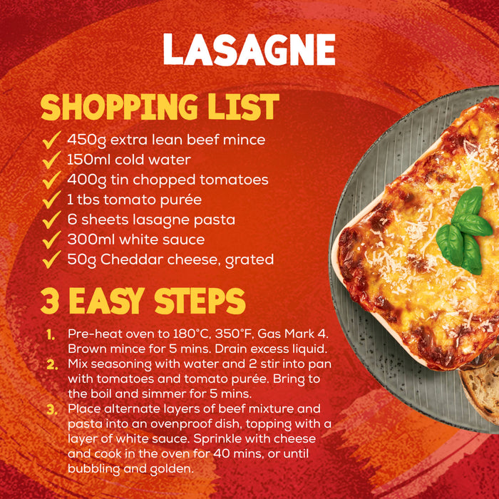 An infographic recipe card for making lasagne using Schwartz Lasagne Recipe Mix 36G, showing a shopping list, 3 easy steps, and a photo of the finished dish.