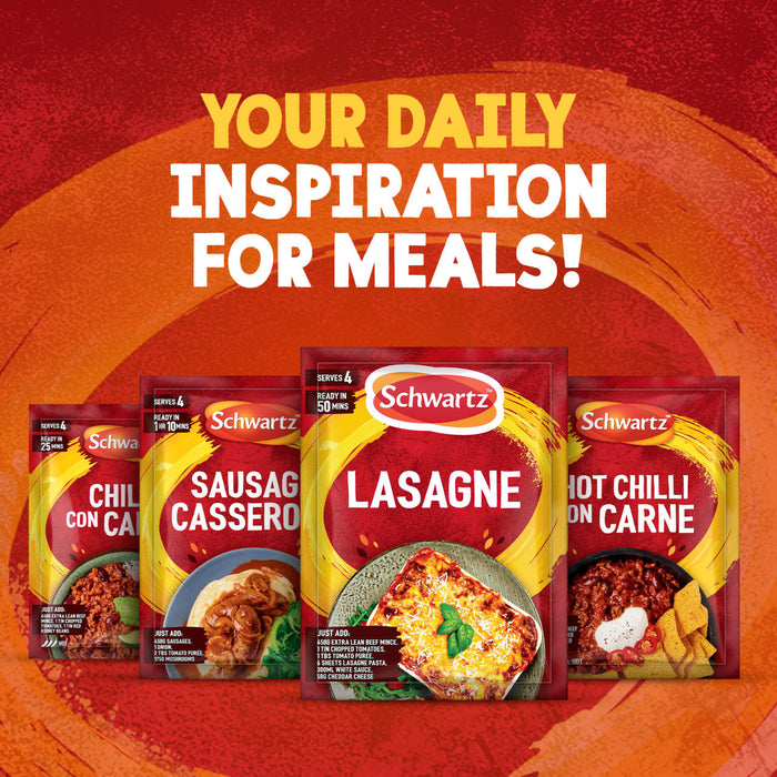 An advertisement for Schwartz shows four recipe mix packets, including one for Schwartz Lasagne Recipe Mix 36G, arranged in a fan shape against a red and orange background with the text Your daily inspiration for meals.