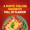 A golden-brown, cheesy lasagne, made using Schwartz Lasagne Recipe Mix 36G, is presented in a baking dish with a side salad, under the headline A RUSTIC ITALIAN FAVOURITE FULL OF FLAVOUR.
