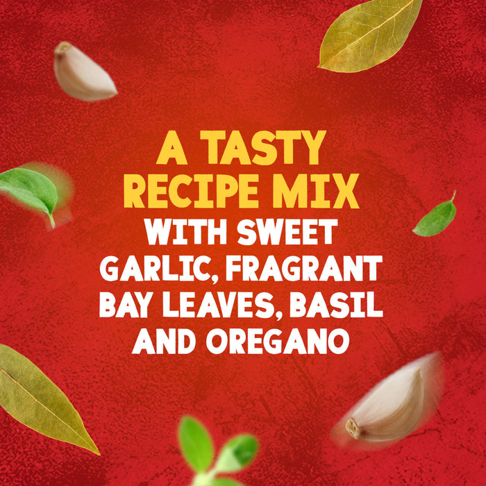 A promotional image for Schwartz Lasagne Recipe Mix 36G features text describing a tasty recipe mix with sweet garlic, fragrant bay leaves, basil, and oregano, surrounded by the floating ingredients on a red background.
