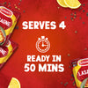 Packets of Schwartz Lasagne Recipe Mix 36G are arranged on a red background with lemon slices and peppercorns, with text highlighting that the meal serves 4 and is ready in 50 minutes.