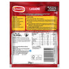 A complete view of the packaging for Schwartz Lasagne Recipe Mix 36G, detailing the ingredients, nutritional values, and a simple 3-step recipe for making lasagne.