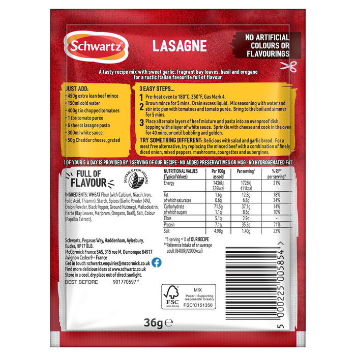 A complete view of the packaging for Schwartz Lasagne Recipe Mix 36G, detailing the ingredients, nutritional values, and a simple 3-step recipe for making lasagne.