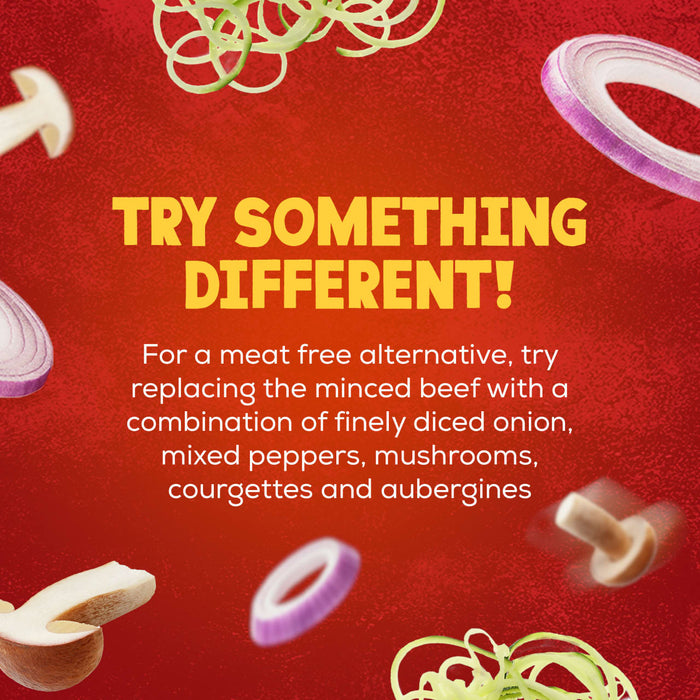 A promotional image for Schwartz Lasagne Recipe Mix 36G suggests a meat-free alternative with the text Try Something Different! surrounded by fresh vegetables like onions and mushrooms.