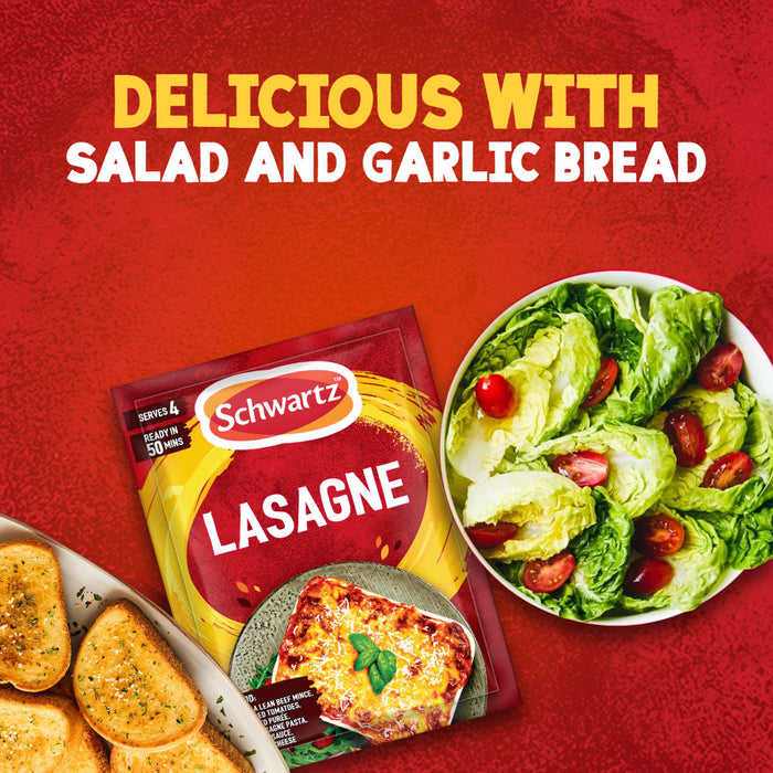 A packet of Schwartz Lasagne Recipe Mix 36G is displayed on a red background next to a bowl of fresh salad and a plate of garlic bread, suggesting a delicious meal.