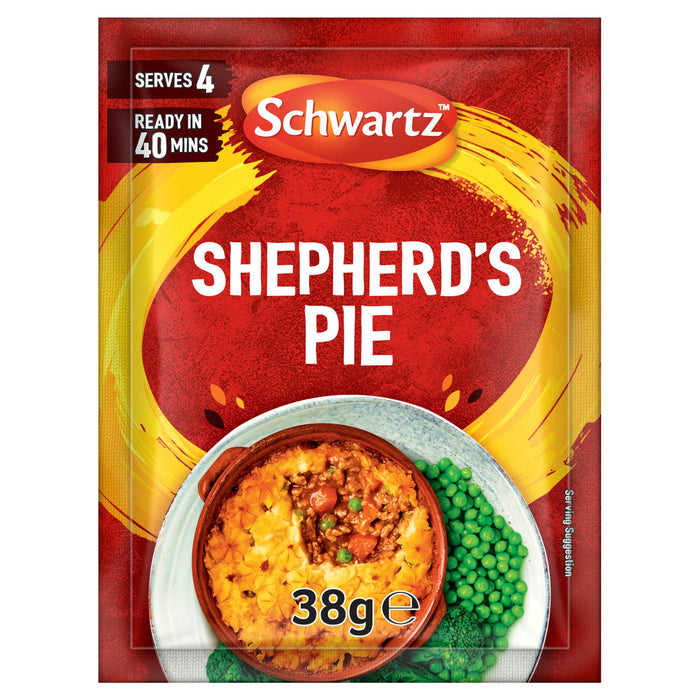 A red packet of Schwartz Shepherd'S Pie Recipe Mix 38G is displayed in front of a serving suggestion of a finished shepherd's pie in a terracotta dish, accompanied by green peas and broccoli.