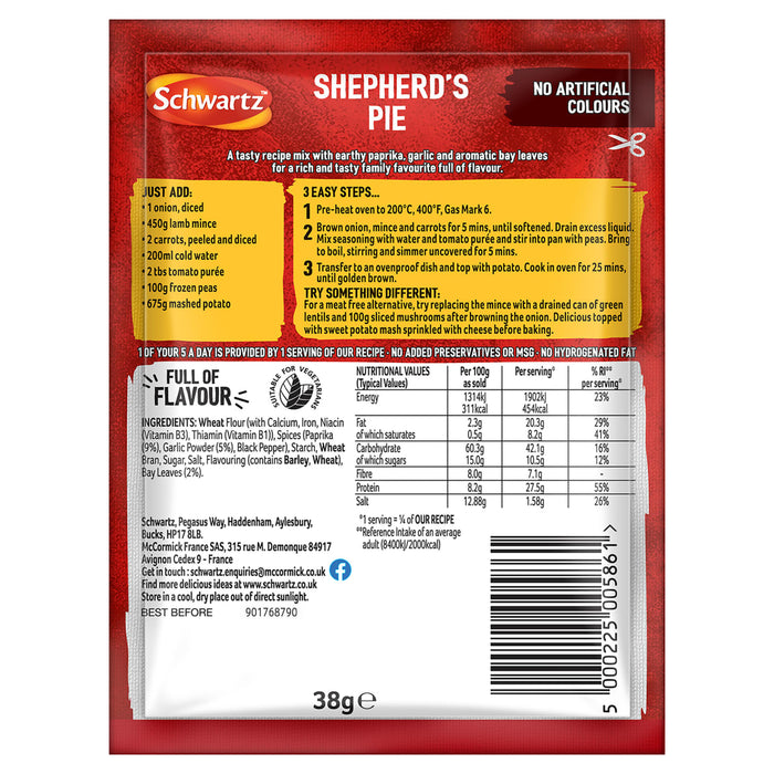 The front and back of a sachet of Schwartz Shepherd'S Pie Recipe Mix 38G is displayed, showing the ingredients, nutritional information, and cooking instructions.