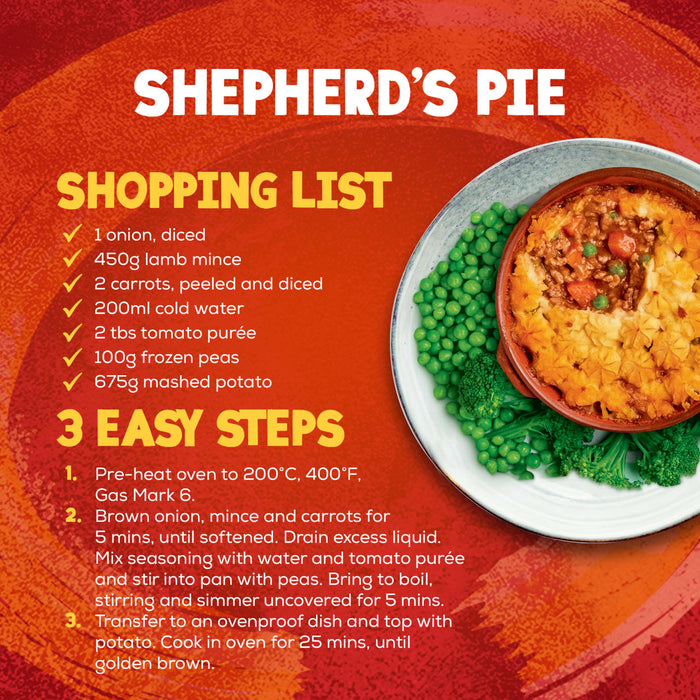 An infographic recipe card shows the shopping list and 3 easy steps for making a delicious meal with the Schwartz Shepherd'S Pie Recipe Mix 38G, next to an appetizing photo of the finished dish.
