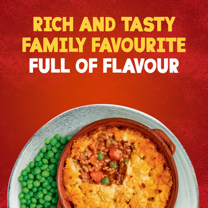 The text Rich and Tasty Family Favourite Full of Flavour is displayed above a hearty Shepherd's Pie, a classic dish you can create with Schwartz Shepherd'S Pie Recipe Mix 38G.