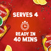An advertisement for Schwartz Shepherd'S Pie Recipe Mix 38G shows packets of the mix on a red background with text stating it serves 4 and is ready in 40 minutes.