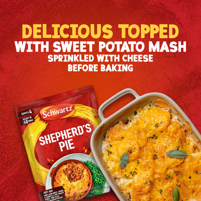 A packet of Schwartz Shepherd'S Pie Recipe Mix 38G is featured in an advertisement next to a finished shepherd's pie made with a sweet potato mash topping and melted cheese.