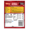 The back of a Schwartz Spaghetti Bolognese recipe mix packet displaying ingredients, nutritional information, and a three step cooking guide.