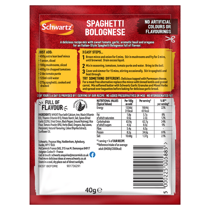 The back of a Schwartz Spaghetti Bolognese recipe mix packet displaying ingredients, nutritional information, and a three step cooking guide.