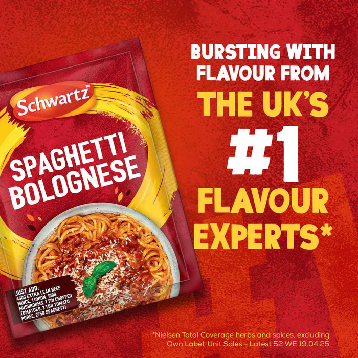 A promotional image displays a packet of Schwartz Spaghetti Bolognese Recipe Mix 40G against a red background with text that reads, Bursting with flavour from the UK's #1 flavour experts.