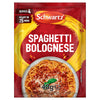 A red packet of Schwartz Spaghetti Bolognese Recipe Mix 40G is shown, featuring a bowl of the finished dish topped with cheese and basil.