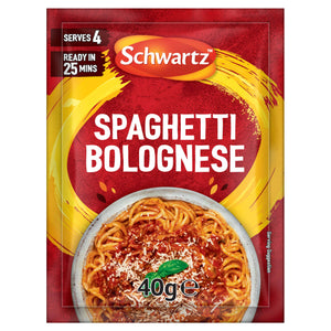 A red packet of Schwartz Spaghetti Bolognese Recipe Mix 40G is shown, featuring a bowl of the finished dish topped with cheese and basil.