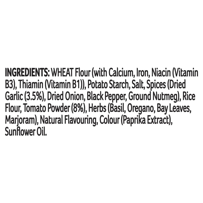 The image displays the full list of ingredients for the Schwartz Spaghetti Bolognese Recipe Mix 40G, which includes wheat flour, potato starch, tomato powder, and various herbs and spices.