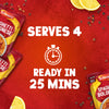 A promotional image for Schwartz Spaghetti Bolognese Recipe Mix 40G highlights its convenience, stating it serves 4 and is ready in 25 minutes, set against a red background with lemon and peppercorns.