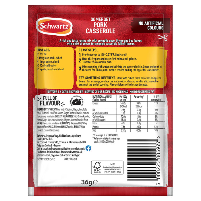 The back of a packet of Schwartz Somerset Pork Casserole Recipe Mix 36G, showing the ingredients, nutritional values, and cooking instructions.