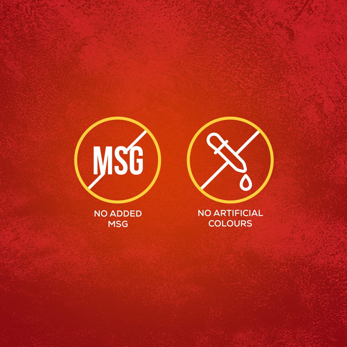 An infographic with two icons on a red background highlights that the Schwartz Somerset Pork Casserole Recipe Mix 36G contains no added MSG and no artificial colours.
