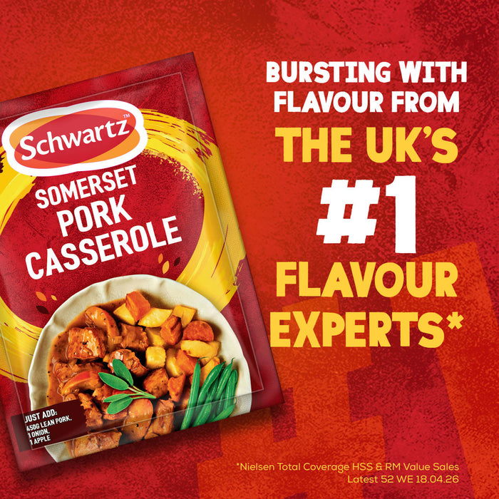 A promotional image features a packet of Schwartz Somerset Pork Casserole Recipe Mix 36G next to a bowl of the finished dish, with text proclaiming it is from the UKs number one flavour experts.