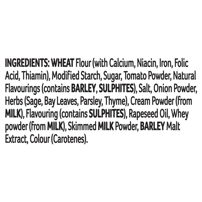 The ingredients list for the Schwartz Somerset Pork Casserole Recipe Mix 36G, including wheat flour, modified starch, and various herbs and flavourings.