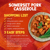 An infographic displays a recipe for a finished dish of Somerset Pork Casserole, listing the shopping list and three easy cooking steps that utilize the Schwartz Somerset Pork Casserole Recipe Mix 36G.