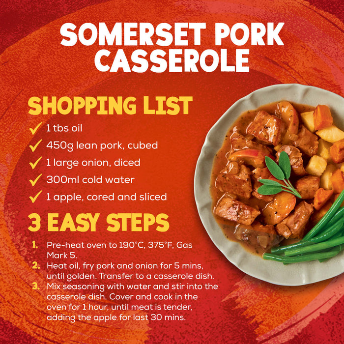 An infographic displays a recipe for a finished dish of Somerset Pork Casserole, listing the shopping list and three easy cooking steps that utilize the Schwartz Somerset Pork Casserole Recipe Mix 36G.