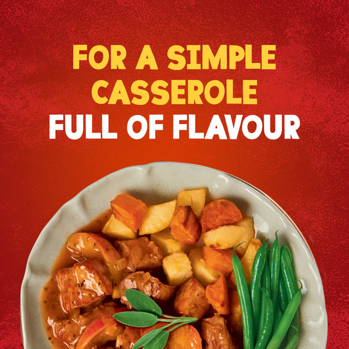 A hearty bowl of pork and vegetable casserole, presented as a serving suggestion for Schwartz Somerset Pork Casserole Recipe Mix 36G, sits below the text For a simple casserole full of flavour.