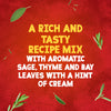 A promotional image for Schwartz Somerset Pork Casserole Recipe Mix 36G describes its rich and tasty flavor with aromatic sage, thyme, and bay leaves on a textured red background.