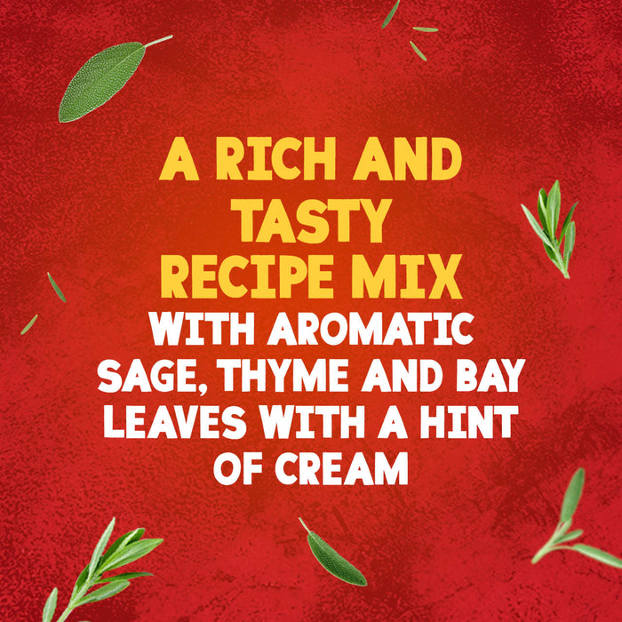 A promotional image for Schwartz Somerset Pork Casserole Recipe Mix 36G describes its rich and tasty flavor with aromatic sage, thyme, and bay leaves on a textured red background.
