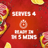 A promotional graphic for Schwartz Somerset Pork Casserole Recipe Mix 36G displays several packets on a red background, highlighting that the meal serves 4 and is ready in 1 hour and 5 minutes.