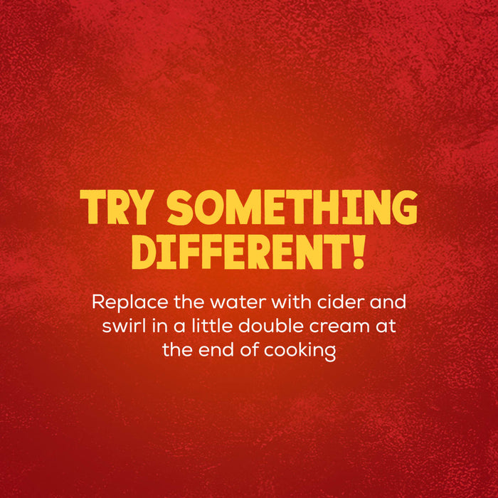 A promotional image for Schwartz Somerset Pork Casserole Recipe Mix 36G suggests trying something different by replacing the water with cider and swirling in double cream at the end of cooking.