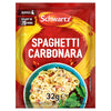 A red packet of Schwartz Spaghetti Carbonara Recipe Mix 32G is shown, featuring a blue bowl of the finished pasta dish with bacon and mushrooms.
