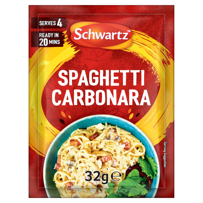 A red packet of Schwartz Spaghetti Carbonara Recipe Mix 32G is shown, featuring a blue bowl of the finished pasta dish with bacon and mushrooms.