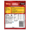 The reverse side of a Schwartz Spaghetti Carbonara Recipe Mix 32G packet is shown, detailing the ingredients, nutritional facts, and easy-to-follow recipe instructions.