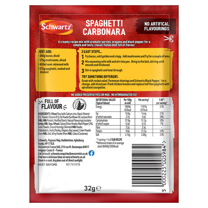 The reverse side of a Schwartz Spaghetti Carbonara Recipe Mix 32G packet is shown, detailing the ingredients, nutritional facts, and easy-to-follow recipe instructions.