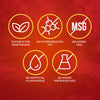 An infographic on a red background shows the benefits of Schwartz Spaghetti Carbonara Recipe Mix 32G, including being suitable for vegetarians and having no hydrogenated fat, no added MSG, no artificial flavourings, and no added preservatives.