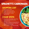 An infographic showing a recipe for Spaghetti Carbonara made with Schwartz Spaghetti Carbonara Recipe Mix 32G, including a shopping list, instructions, and a photo of the finished dish.
