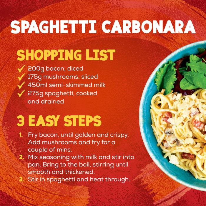 An infographic showing a recipe for Spaghetti Carbonara made with Schwartz Spaghetti Carbonara Recipe Mix 32G, including a shopping list, instructions, and a photo of the finished dish.
