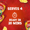 A promotional image displays packets of Schwartz Spaghetti Carbonara Recipe Mix 32G on a red background, with text highlighting that the meal serves 4 and is ready in 20 minutes.