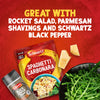 An advertisement shows a packet of Schwartz Spaghetti Carbonara Recipe Mix 32G and a shaker of Schwartz Black Pepper, with serving suggestions of rocket salad and Parmesan cheese shavings on a red background.