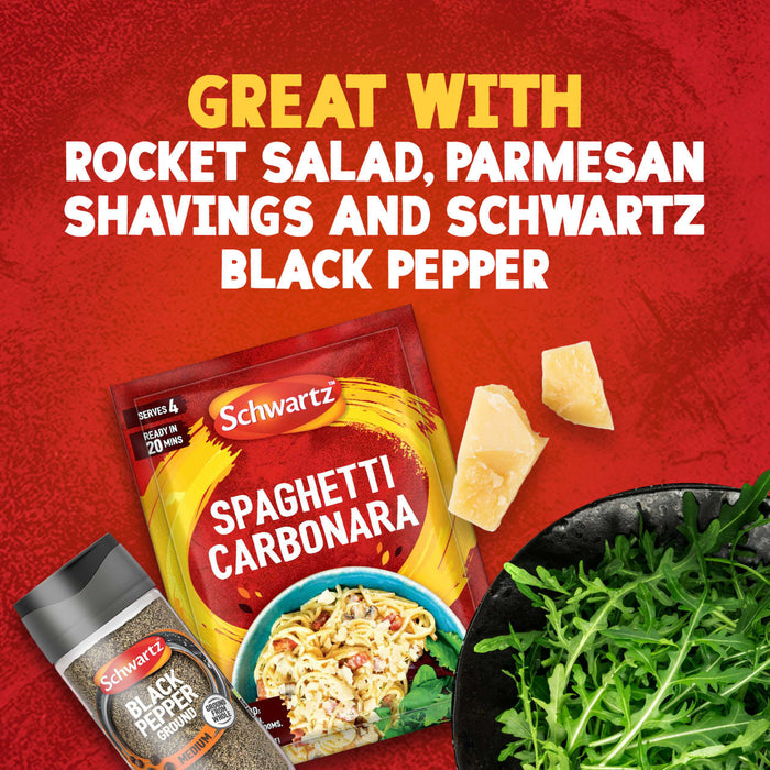 An advertisement shows a packet of Schwartz Spaghetti Carbonara Recipe Mix 32G and a shaker of Schwartz Black Pepper, with serving suggestions of rocket salad and Parmesan cheese shavings on a red background.