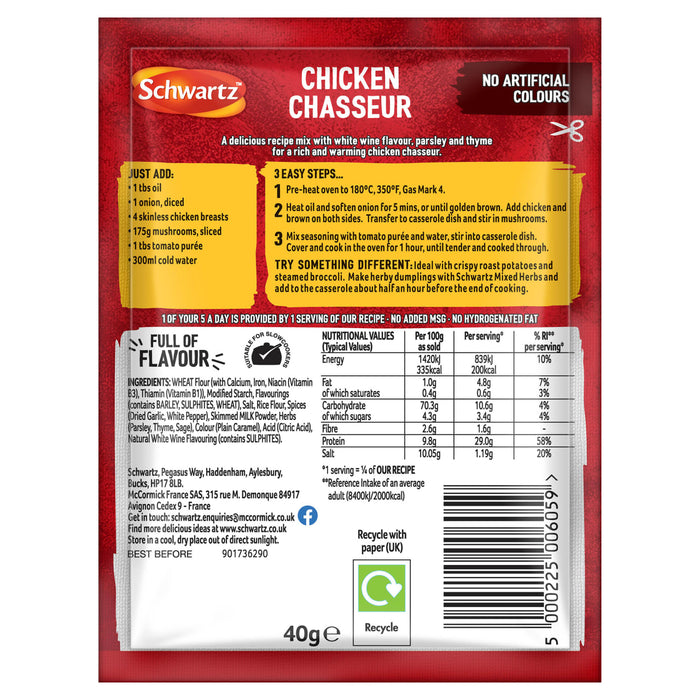 The back of a packet of Schwartz Chicken Chasseur Recipe Mix 40G displays the nutritional information, ingredients, and three easy cooking steps for the recipe.