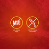 An infographic for Schwartz Chicken Chasseur Recipe Mix 40G featuring two circular icons on a textured red background that indicate the product contains no added MSG and no artificial colours.
