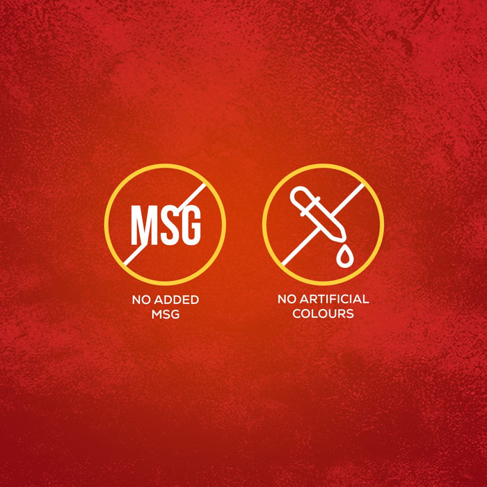 An infographic for Schwartz Chicken Chasseur Recipe Mix 40G featuring two circular icons on a textured red background that indicate the product contains no added MSG and no artificial colours.