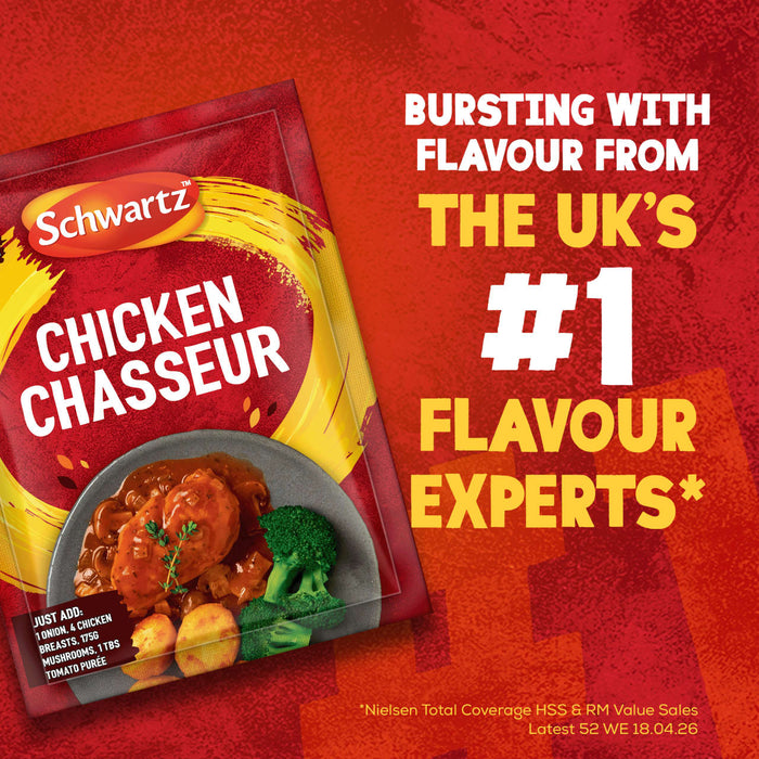 A promotional graphic for Schwartz Chicken Chasseur Recipe Mix 40G featuring a prepared meal of chicken in a rich sauce with mushrooms and broccoli alongside the claim of being the UKs number one flavor experts.
