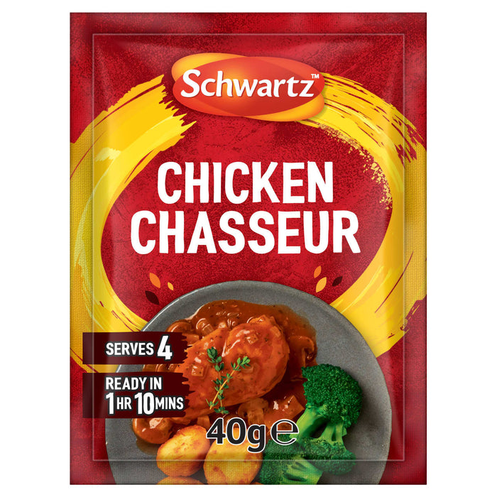 A packet of Schwartz Chicken Chasseur Recipe Mix 40G featuring a prepared meal of chicken in a rich tomato and mushroom sauce served with broccoli and potatoes.