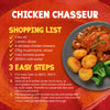 An infographic for Schwartz Chicken Chasseur Recipe Mix 40G detailing a shopping list and three easy cooking steps alongside a plated serving of the finished dish with potatoes and broccoli.