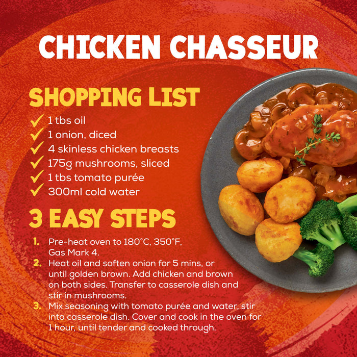 An infographic for Schwartz Chicken Chasseur Recipe Mix 40G detailing a shopping list and three easy cooking steps alongside a plated serving of the finished dish with potatoes and broccoli.